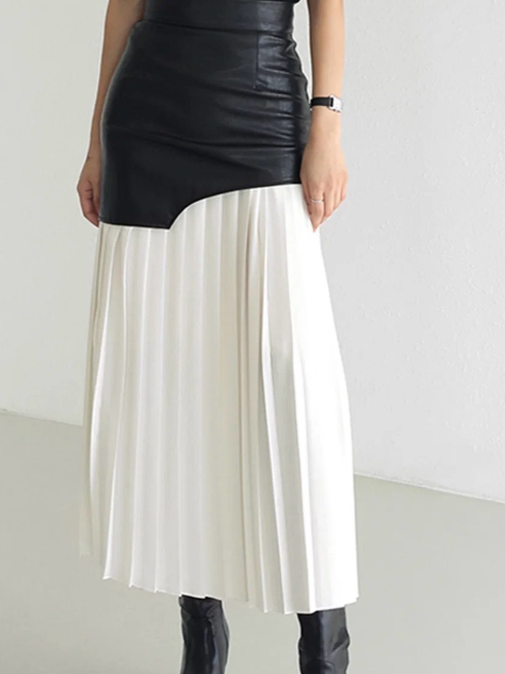 Commense Asymmetric Patchwork Faux Leather Chiffon Pleated Maxi Skirt - Large